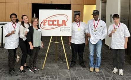 The following students placed in the FCCLA State Culinary Competition: (l-r) Jada Baker, 2nd place, Quick Breads; Christy Phillips, 2nd place, Restaurant Services; Anita Alef, FCCLA Advisor and Culinary Instrutor; Ian Cathey, 1st place, Short Order Cook; Tylan Foster, 3rd place, Salad Prep and Wilmer Magana, 1st place, Knife Skills. These students are enrolled in Culinary Arts at New Albany School of Career & Technical Education. 