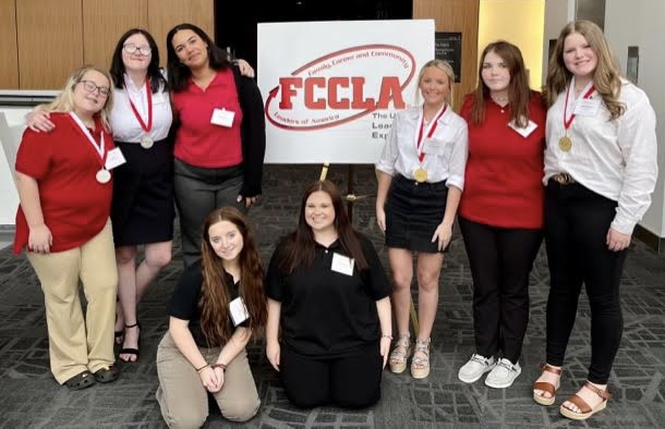 The following students participated in the FCCLA State Early Childhood Competition held in Jackson on March 9, 2022: Kneeling (l-r): Ava Smith, Mackenzie Kizer Standing (l-r): Jade Bell, 2nd place, Poster Event; Alayna Smith, 2nd place, Instructional Activities Event; Olivia Crockett; Courtney Page, 1st place, Teaching Tools Event; Rose Dye; and Avelee Stephenson, 1st place, Story Book Event. Students are enrolled in the Early Childhood program at the New Albany School of Career & Technical Education.