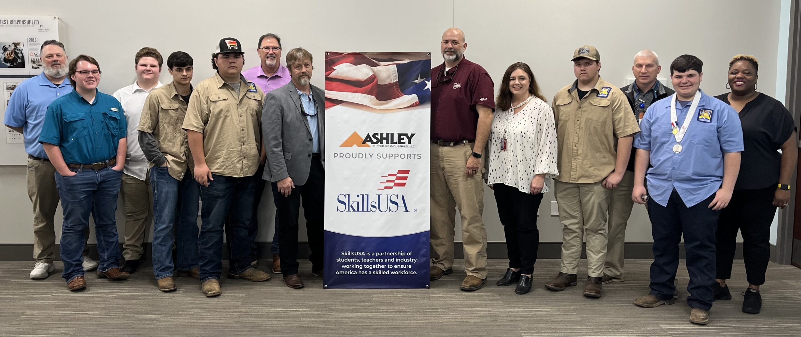 On Friday, April 22, the New Albany School of Career & Technical Education was presented a $10,000 grant to assist with the SkillsUSA student organization. During the event, students and instructors learned more about Ashley Furniture and the footprint the corporation has across our nation, as well as globally. Students were given a tour of the Ashley manufacturing facility in Ecru and learned about the advanced manufacturing and logistics career sectors.