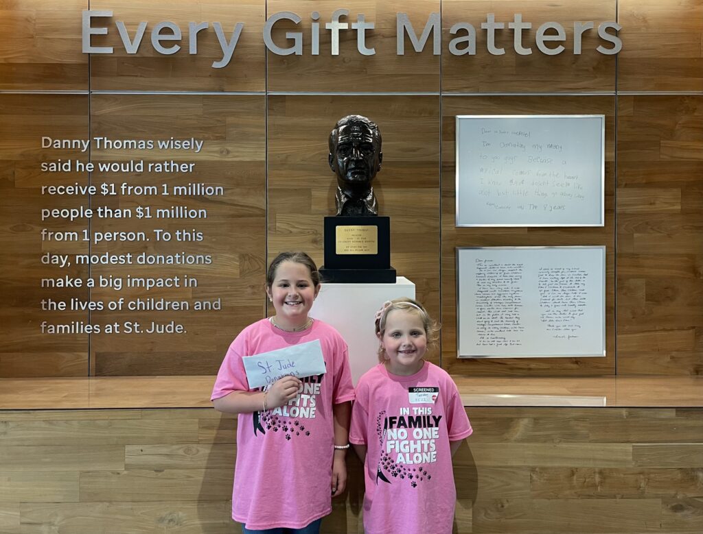 Olivia and Madison Hardy, both students at New Albany Elementary School, delivered a $1,130 donation to St. Jude Children’s Research Hospital on April 5.  
