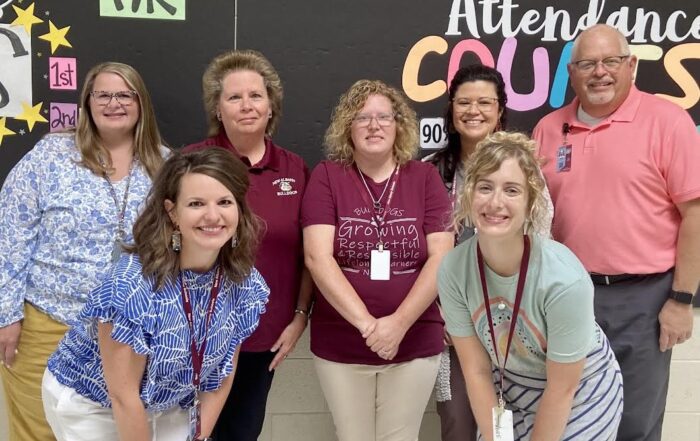 New Albany Elementary School's Employees of the Month for April are front row l-r: Joanna Ozbirn & Beth Shea; back row l-r: Ashley Harrelson, Carolyn Hall, Christy Bowen, Mayela Peters, and Glen Reeder.