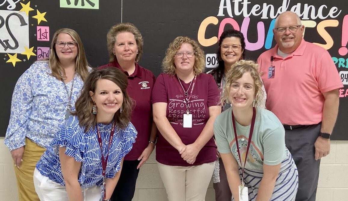 New Albany Elementary School's Employees of the Month for April are front row l-r: Joanna Ozbirn & Beth Shea; back row l-r: Ashley Harrelson, Carolyn Hall, Christy Bowen, Mayela Peters, and Glen Reeder.