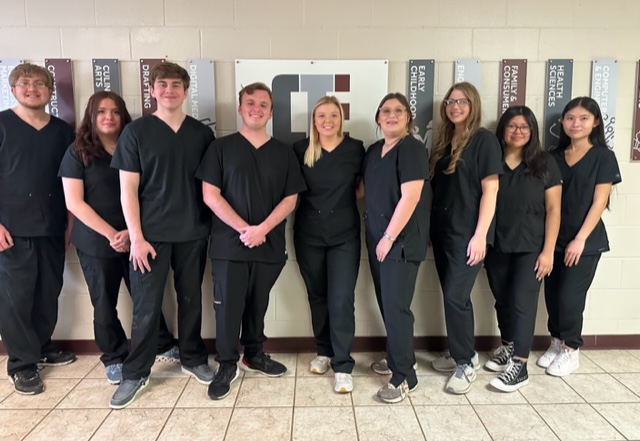 The following New Albany School of Career & Technical Education Health Science I & II students placed in the HOSA (Health Occupations Students of America) District Competition (l-r):  Nathan Goodson, 1st place - Vet Science; Casey Hernandez, 3rd place - Nursing Assisting; Will Thomas, 1st place - Nursing Assisting; Jackson Thompson, 3rd place - Clinical Nursing; Maggie Dix, 1st place - Clinical Nursing; Elianna Kiddy, 5th place - Home Health Aide; Abigail Fulcher, 2nd place - Dental Science; Maria Lopez, 1st place - Dental Science and Sylvia Chen, 1st place - Medical Assisting. Health Science I & II instructor, April Voyles, is the HOSA advisor. 