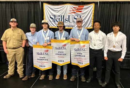 Students at the New Albany School of Career and Technical Education recently competed in the SkillsUSA State Competition in Jackson, MS. SkillsUSA State Competition winners include the following: Eli Hill, 1st place in Power Equipment; Braxton James, 1st place in Plumbing, Jackson Pounders, 1st place in Automotive Service Technology, Lelan Boulden, 2nd place in Technical Drafting and Eric Flores, 2nd place in Architectural Drafting. Pictured are l-r: Jamison Miller, Dalton Whiteside, Eli Hill, Braxton James, Jackson Pounders, Lelan Boulden, and Eric Flores.