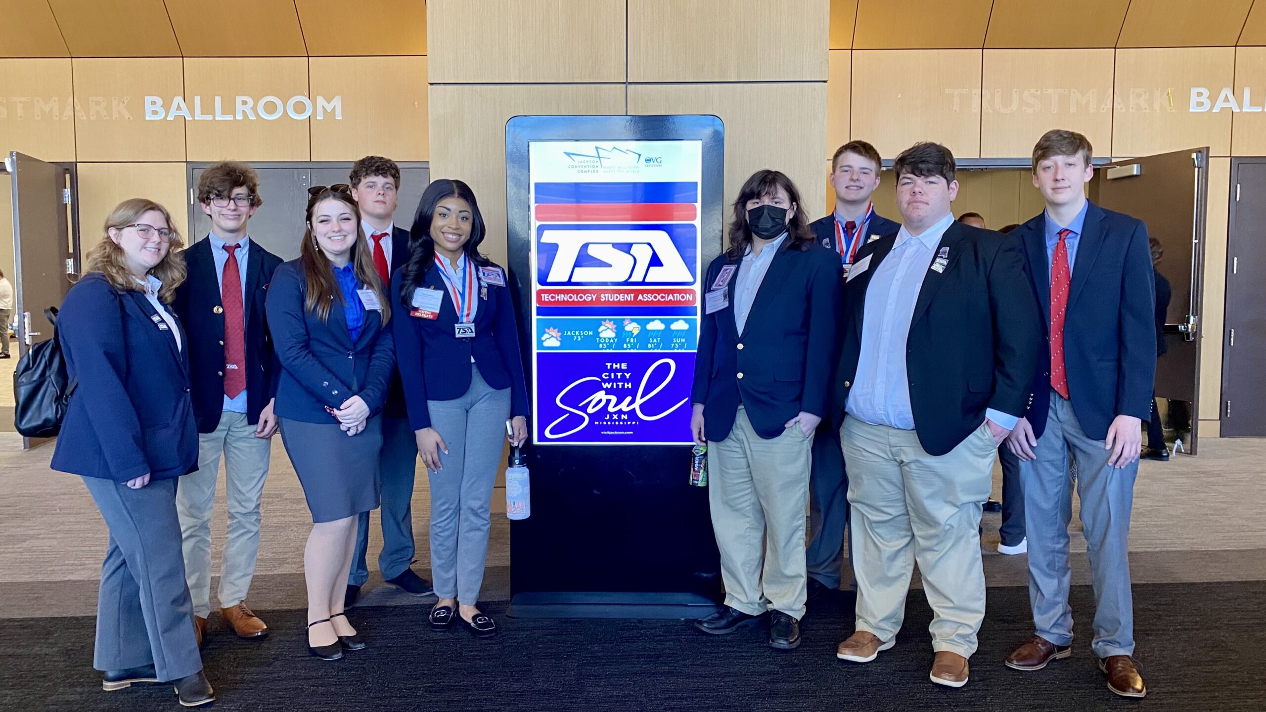 Technology Students of America (TSA) students at New Albany School of Career & Technical Education placed at the TSA State Competition in Jackson on March 21-23: Alea Hudson, 1st place, Extemporaneous Speech; Joshua Germany and Luke Henry, 2nd place, Technical Problem Solving; and Ashlee Stout, Luke Henry, Cass Vanstory, Jon Bennett, Dylan Bristow, and Anderson Crews, 4th place, On Demand Video.  Pictured (l-r):  Ashlee Stout, Jon Bennett, Alex Robertson, Joshua Germany, Alea Hudson, Cass Vanstory, Luke Henry, Dylan Bristow and Anderson Crews. TSA advisors are Jalon Bullock, Chris Russell and Latrina Walker. 