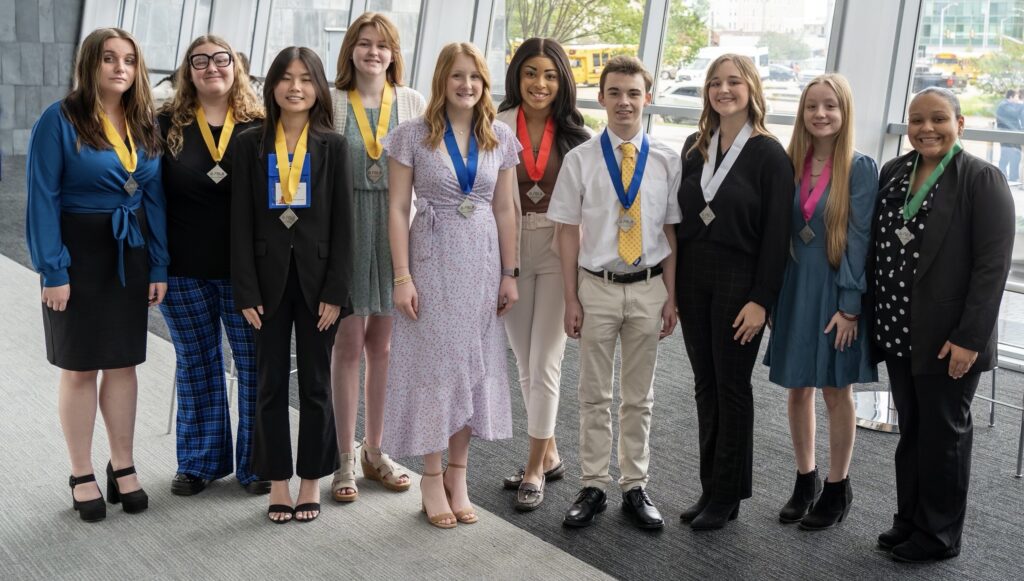 New Albany School of Career & Technical Education’s FBLA Chapter had several students place at the FBLA State Competition held in Jackson on April 4-6. Pictured (l-r): 3rd place Journalism - Haleigh Warren; 3rd place Introduction to Business Concepts - Skylin Gause; 3rd place Healthcare Administration - Sylvia Chen; 3rd place Political Science - Ashlyn Ray; 1st place Introduction to Public Speaking - Lizzie Moore; 2nd place Impromptu Speaking - Alea Hudson; 1st place Networking Infrastructures - Maddux McKee; 
4th place Public Speaking - Annsley Coleman; 5th place Economics - Reece Cobb; and 6th place Journalism - Kaleigh Mason. New Albany School of Career & Technical Education’s FBLA Chapter also received an award for being 1 of 4 of the largest chapters in the state and for having at least a 10% membership increase from last year. Alison Moore serves as the FBLA advisor. 