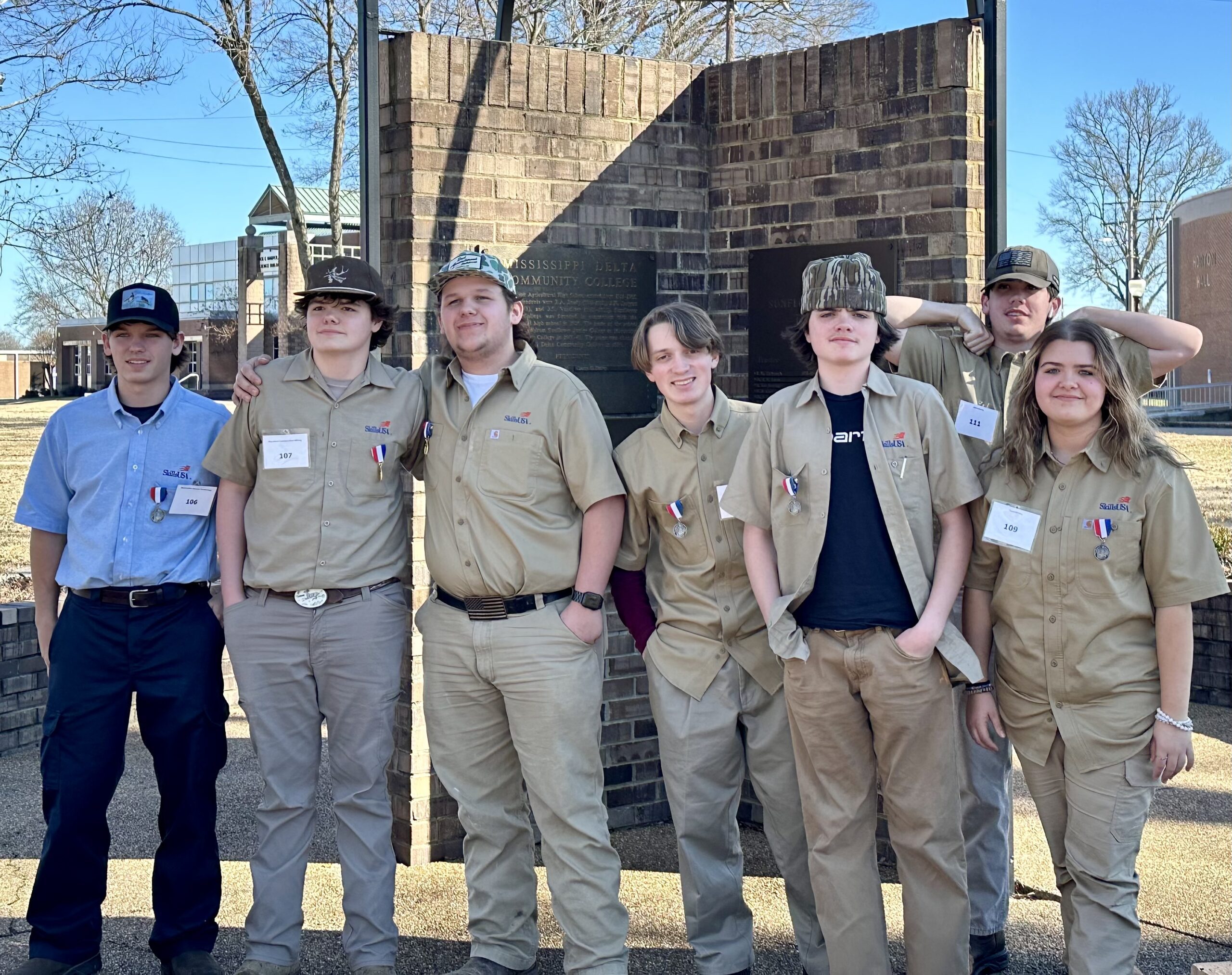 The following students from the New Albany School of Career & Technical Education placed in the SkillsUSA Regional Competition at Mississippi Delta Community College on February 6 (l-r): Reed Taylor - Silver in Auto Service; Jax Gannon - Gold in Electric; Jamison Miller - Gold in Cabinet Making; and Jamison Garvey, Gage Harrell, John Davis and Isabelle Grose - Silver in Teamworks. All of these students will advance to the SkillsUSA State Competition. Rick Robbins, Jonathan Garrison and Kevin Wigington are the SkillsUSA advisors.