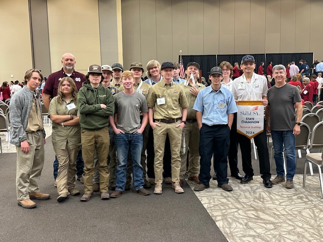 New Albany School of Career & Technical Education SkillsUSA members recently competed at the SkillsUSA State Competition in Jackson, Mississippi. Students competing at the competition are as follows: (l-r) Jameson Garvey, Isabelle Grose, SkillsUSA Advisor - Jonathan Garrison, Gage Harrell, Corey Lepard, John Davis, Dalton Whiteside, Jax Gannon - 2nd place in Electrical Wiring, Jackson Meadows - 3rd place in Power Equipment Technology, David Comans, Jonathan Bond, Jamison Miller - 2nd place in Cabinet Making, Reed Taylor, Dylan Jackson - 2nd place in Architectural Drafting, Jon Everett Garrison - 1st place in Technical Drafting and SkillsUSA Advisor - Rick Robbins. 