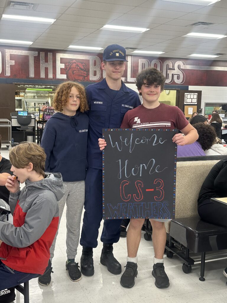 It was a sweet surprise at lunch today at NAMS for Kemp and Cade Smith-Weathers! Their brother Myles Weathers surprised them after being away in California since October. Myles recently completed specialized school and training with the U.S Coast Guard.