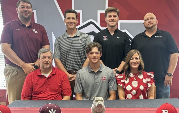 New Albany Bulldog Baseball Player Hayes Daniel signed to play baseball for Mississippi Delta Community College on Thursday, May 2. Pictured front row l-r:  Brady Daniel, Hayes Daniel, Kym Daniel;  back row l-r:  Cody Stubblefield, NAHS Athletic Director; Drew Wheeler, NAHS Head Baseball Coach; Eli Jackson, NAHS Assistant Baseball Coach; and, Drew Davis, NAHS Athletic Trainer.